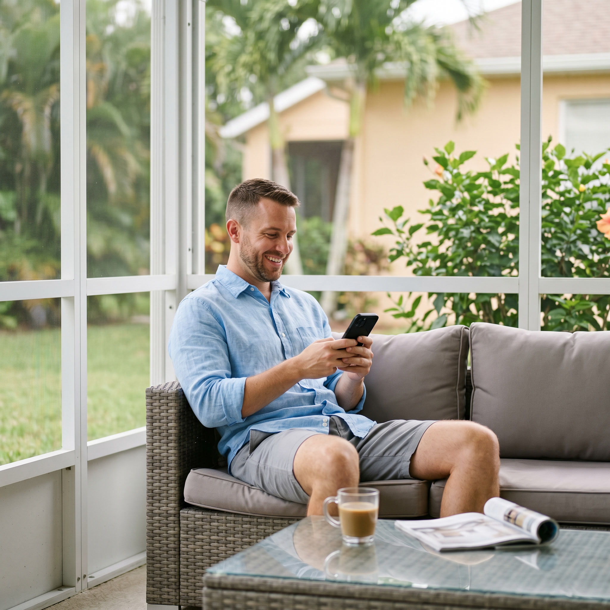 Treasure Coast homeowner texting an AI chat agent from his Florida screened porch